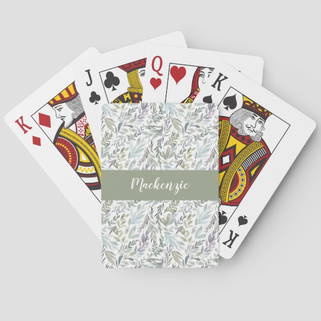 Grön Blå Botanisk Akvarell Monogramnamn Casinokort (Baksidan)