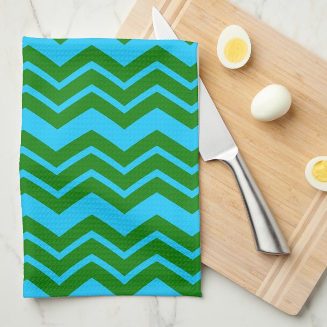 Grön Blå Chevron Sicksack Design  Kökshandduk (Vikt i Fjärdedel)