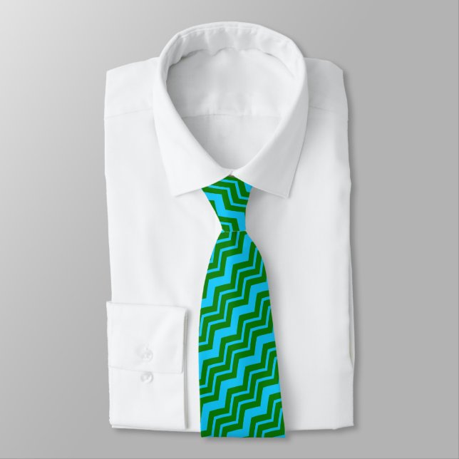 Grön Blå Chevron Sicksack Design  Slips (Bunden)
