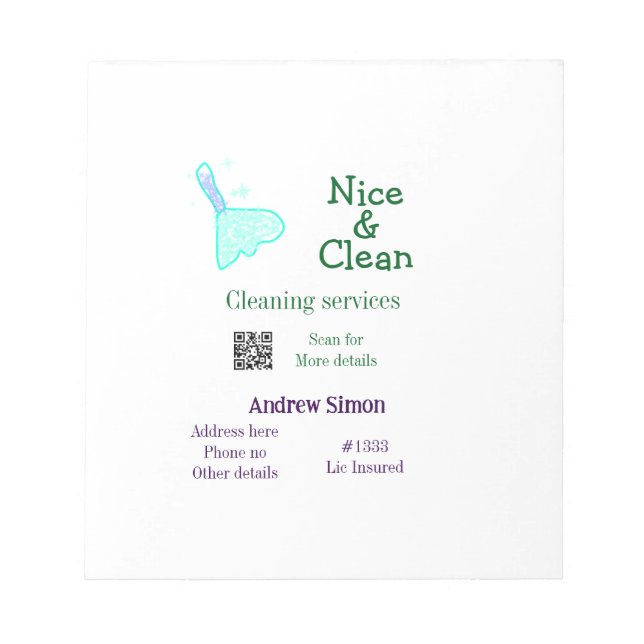 Grön blå gitter ren rengöringsmopp namn adress q r anteckningsblock (Framsida)