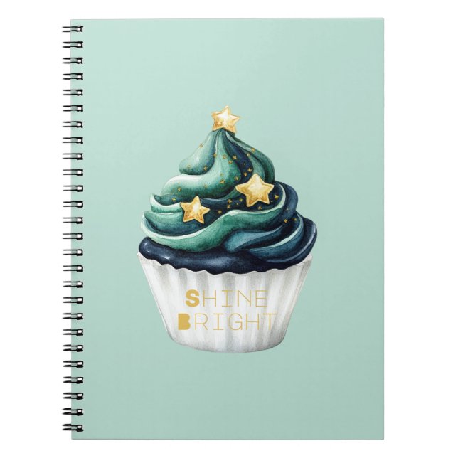 Grön Blå Guld Stjärnor Lyser Starkt Cupcake Anteckningsbok (Framsidan)