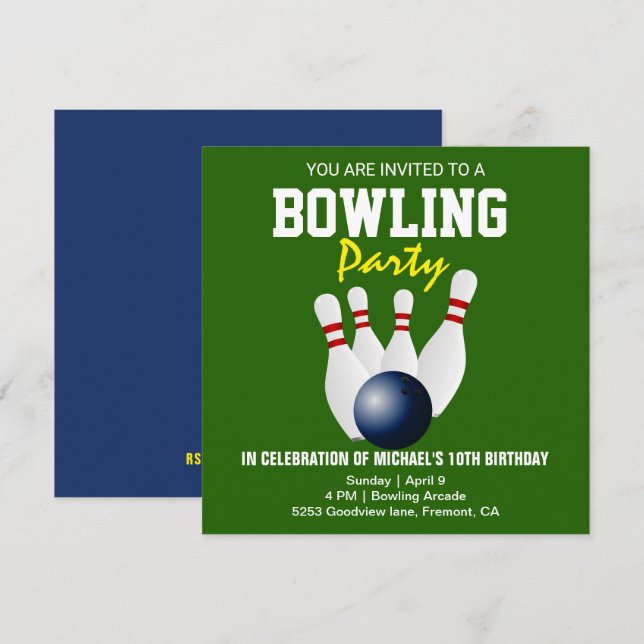 Grön Blå Modern Bowlingfest Födelsedagsinbjudan Inbjudningar (Fram/baksida)