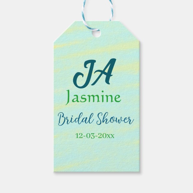 Grön blå pastell vattenfärg bröllopsfest namndatum presentetikett (Framsidan)