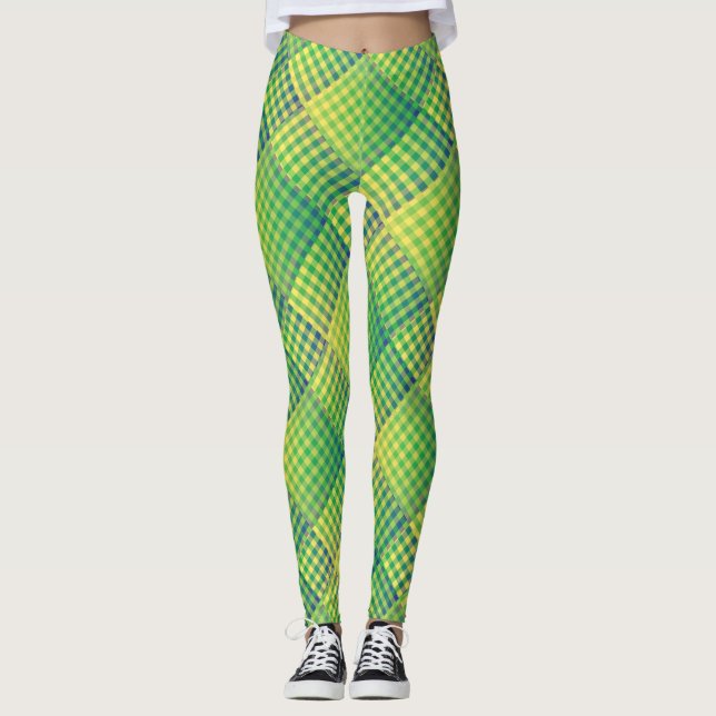 Grön Blå Rutig Abstrakt Mönster Leggings (Framsida)