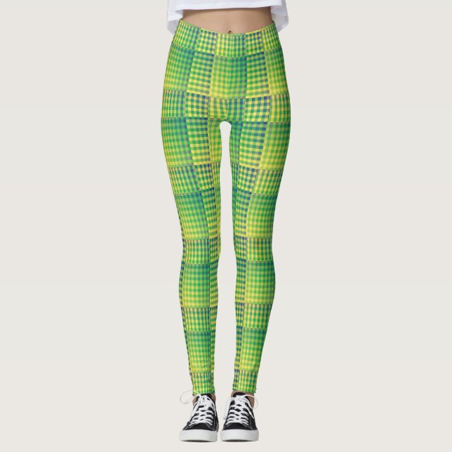 Grön Blå Rutig Abstrakt Mönster Leggings (Framsida)