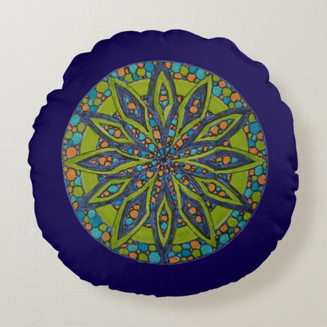 Grön/Blå Starburst Mandala Rund Kuddöverdrag Kudde (Framsidan)