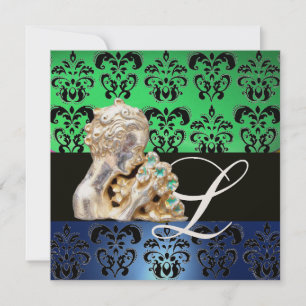 GRÖN BLÅ, SVART, VIT DAMAST JUWEL MONOGRAM INBJUDNINGAR