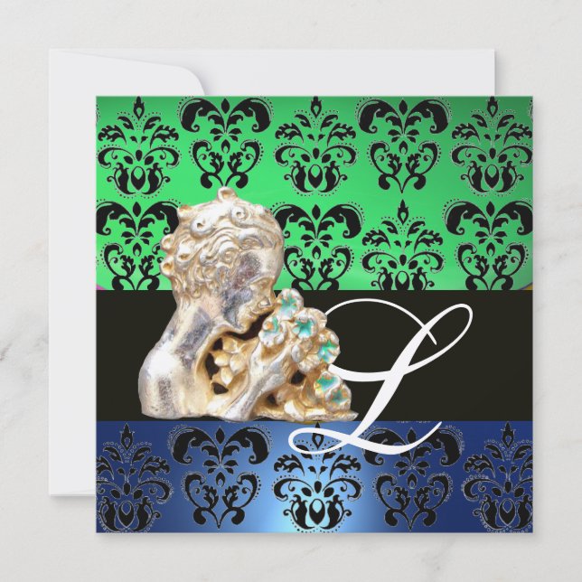 GRÖN BLÅ, SVART, VIT DAMASTJUVAL MONOGRAM INBJUDNINGAR (Framsida)