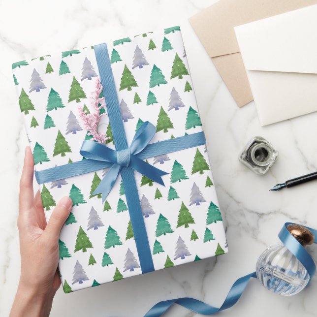 Grön Blå Träd Akvarell Pastell Mönster Presentpapper (Gifting)