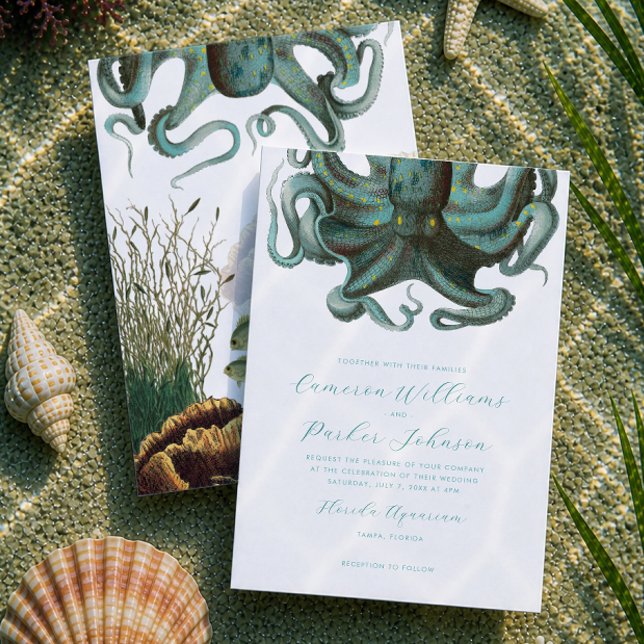 Grön Bläckfisk Akvarium Bröllop Inbjudningar (Green Octopus Aquarium Wedding invitation for an Under the Sea wedding by Concertina Press)