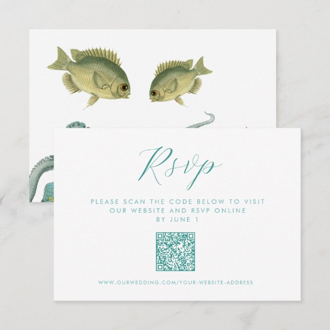 Grön Bläckfisk Akvarium Bröllop QR RSVP Tilläggskort (Fram/baksida)