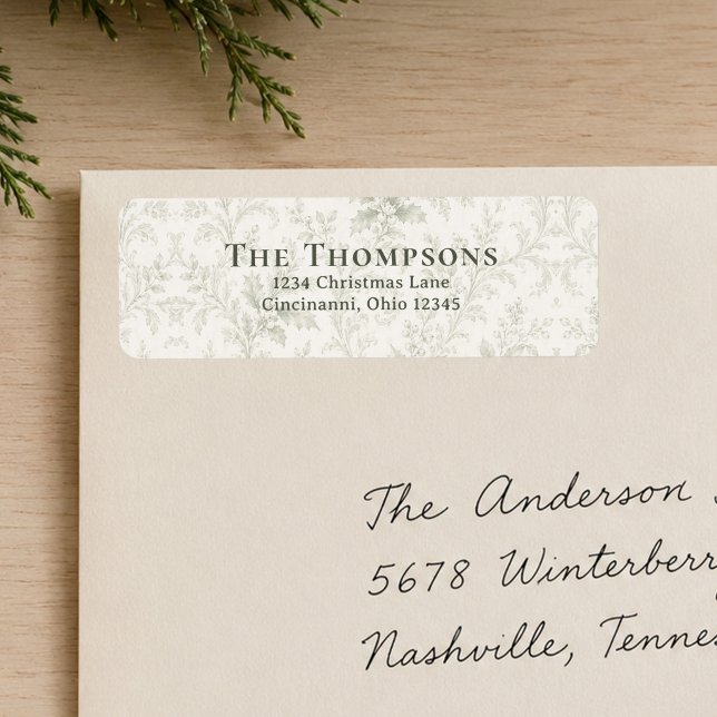 Grön Bladverk Jul Returadress Anpassad Etikett (Elegant green floral return address labels for Christmas cards and festive holiday mail.)