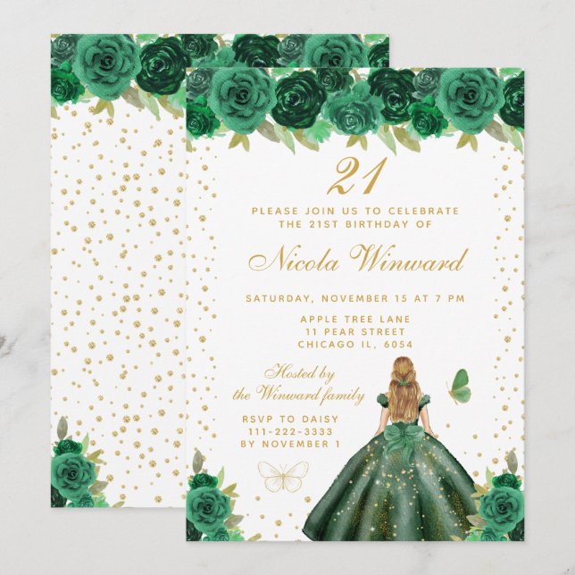 Grön Blommig Blond Hår Prinsessa Födelsedagsfest Inbjudningar (Fram/baksida)