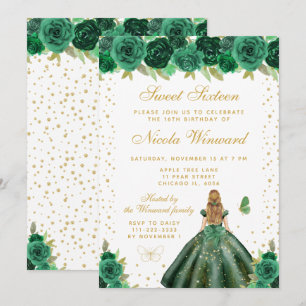 Grön Blommig Blond Hår Prinsessa Sweet Sixteen Inbjudningar