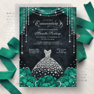 Grön Blommig Diamant Quinceanera Inbjudan