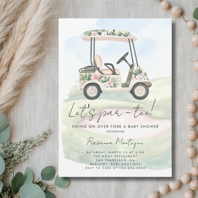 Grön Blommig Golfkärra Låter Par-Tee Baby Shower Inbjudningar (Skapare uppladdad)