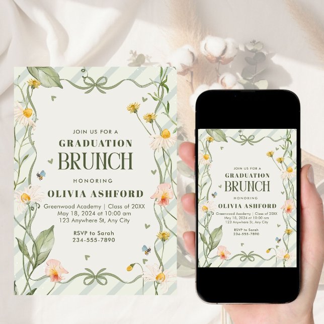 Grön Blommig Kokett Elegant Brunch examenståg Inbjudningar (Skapare uppladdad)