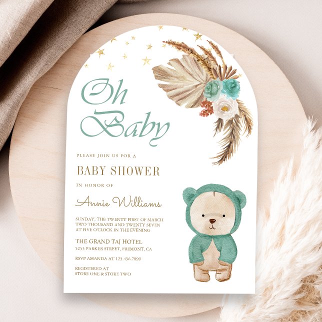 Grön Blommig Pampas Teddybjörn Båge Bebis Shower Inbjudningar (Skapare uppladdad)