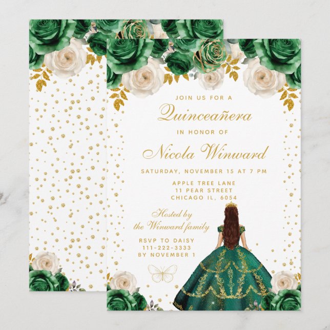 Grön Blommig Prinsessa Quinceañera Inbjudningar (Fram/baksida)
