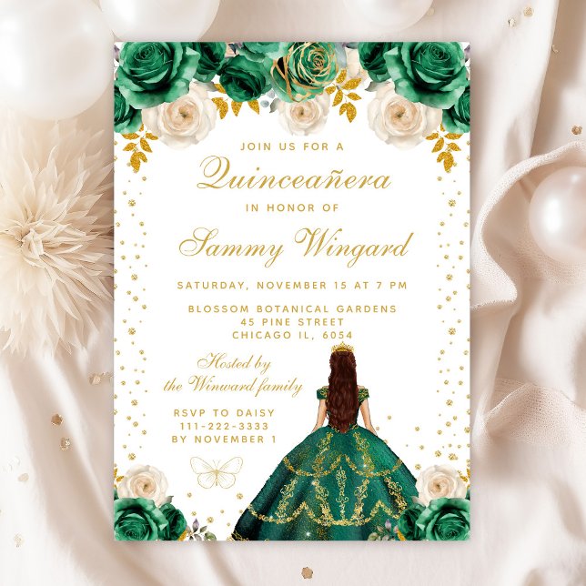 Grön Blommig Prinsessa Quinceañera Inbjudningar (Skapare uppladdad)