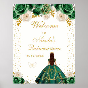 Grön Blommig Prinsessa Quinceañera Välkomstskylt Poster