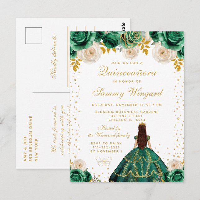 Grön Blommig Prinsessa Quinceañera Vykort (Fram/baksida)