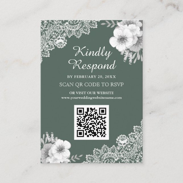 Grön Blommig Spets QR-kod RSVP Bröllopswebbplats Tilläggskort (Framsida)
