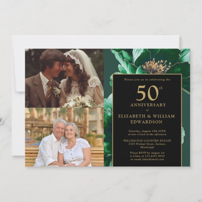Grön Blommig Svart Guld 50-årsjubileum 2 Foto Inbjudningar (Framsida)