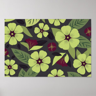 Grön Blommigt på Mörkens Grått-bakgrund Poster