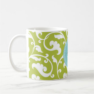 Grön blommönstermonogram för elegant flickaktig kaffemugg