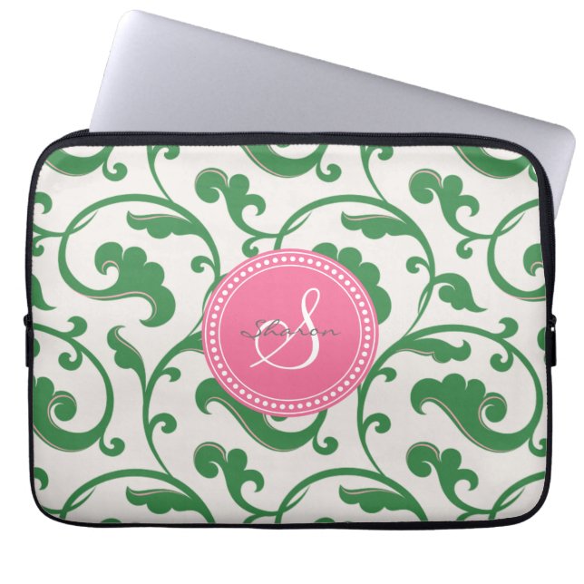 Grön blommönstermonogram för elegant flickaktigt laptop sleeve (Framsidan)