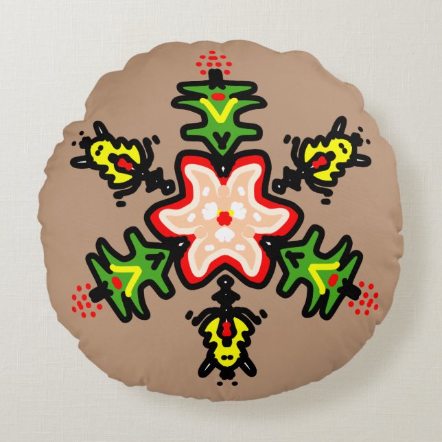 Grön blomster-mandala rund kudde (Framsidan)