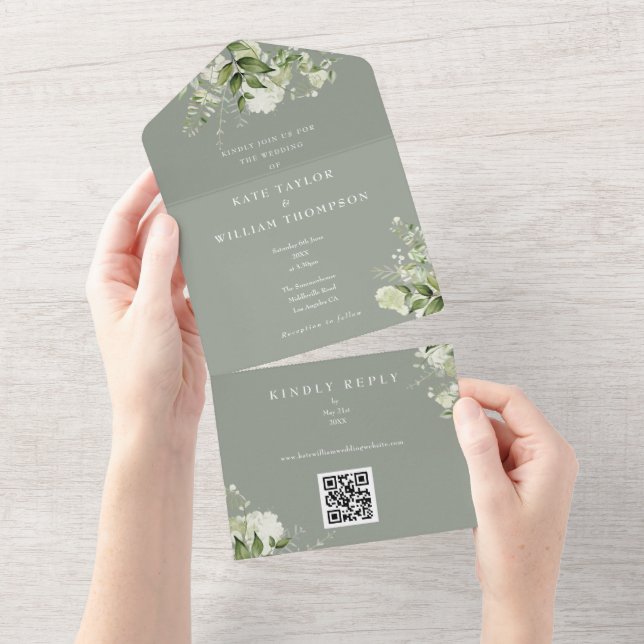 Grön blomster QR-kod Sälggrön Bröllopsinbjudan (Tearaway)
