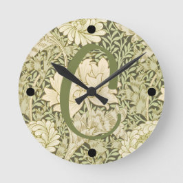 Grön blomster wm morris design monogram rund klocka