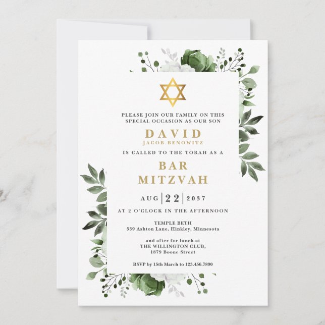 Grön blomsterbotanisk Bar Mitzvah Bat Mitzvah Inbjudningar (Framsida)