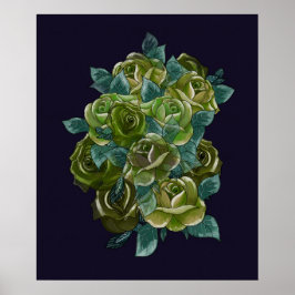 Grön blomsterbukett, marinblå, exotiska rosor poster