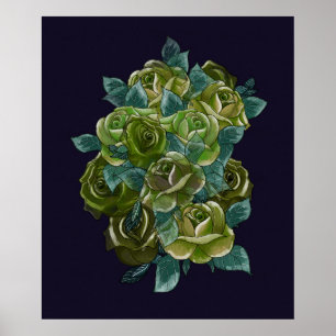Grön blomsterbukett, marinblå, exotiska rosor poster