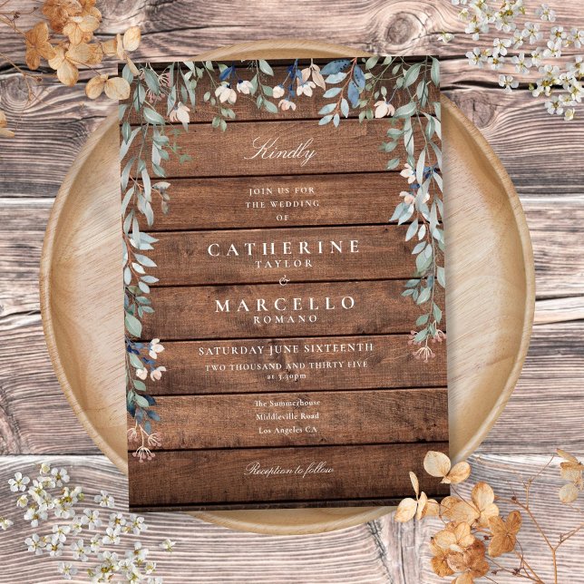 Grön blomsterkaskad Rustik trä bryllop Inbjudningar (Greenery Floral Cascade Rustic Wood Wedding Invitation)