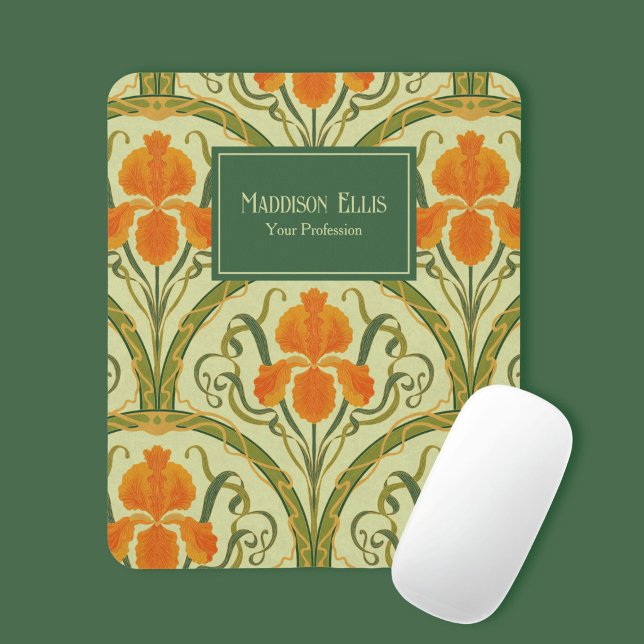 Grön blomsterkonst i jugendstil, feminint affärsut musmatta (Green Floral Art Nouveau Feminine Business Mouse Pad)