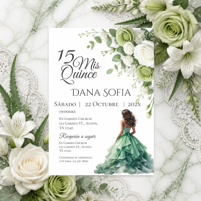Grön blomsterlig Quincenera på spanska Inbjudningar (Skapare uppladdad)