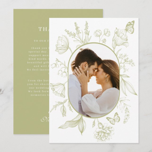 Grön blomstermönsterkonst Blommig Fjäril Foto Tack Kort (Fram/baksida)