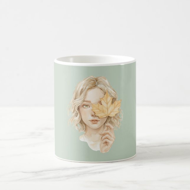 Grön Blond Tjej Gul Löv Fall Kaffemugg (Center)