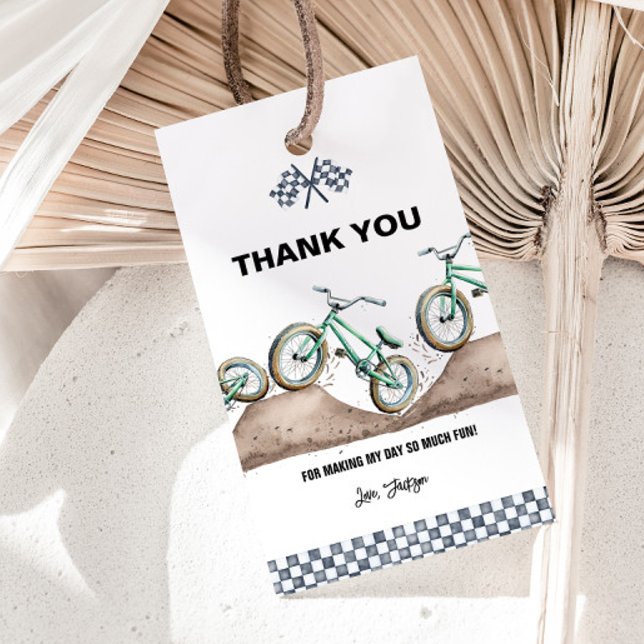 Grön BMX Dirt-cykel tack-gåva etikett (BMX dirt bike gift tags, Bike favor tags, Bike thank you tags)