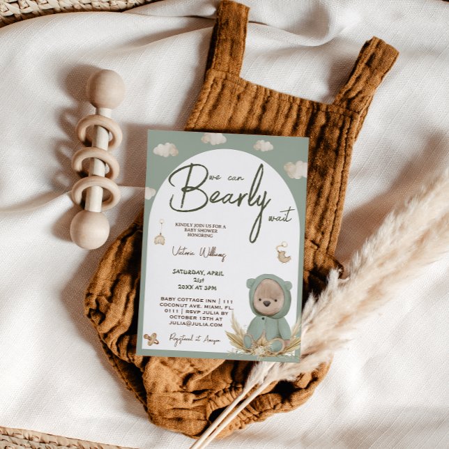 Grön Boho Björn Bebis Shower Inbjudningar (Skapare uppladdad)