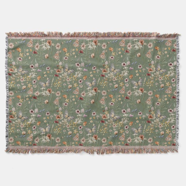 Grön Boho Blommig Kastfilt Filt (Framsidan)