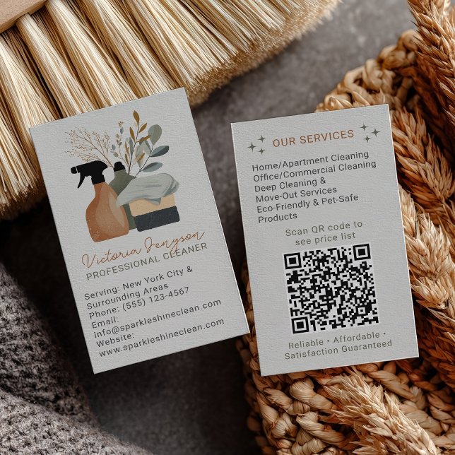 Grön Boho Städtjänst Städerska QR-kod Visitkort (Green Boho Cleaning Service Maid QR Code Business Card)