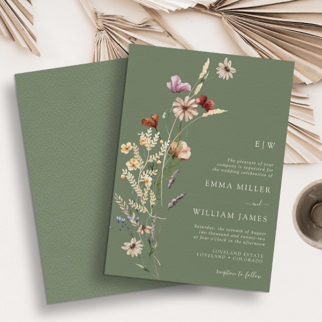 Grön Boho Vildblommor Bröllop Inbjudningar (Green Boho Wildflowers Wedding Invitation
)