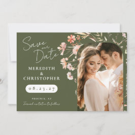 Grön Boho Vildblommor Bröllopsfoto Spara Datumet