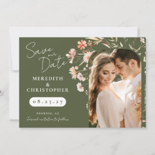 Grön Boho Vildblommor Bröllopsfoto Spara Datumet