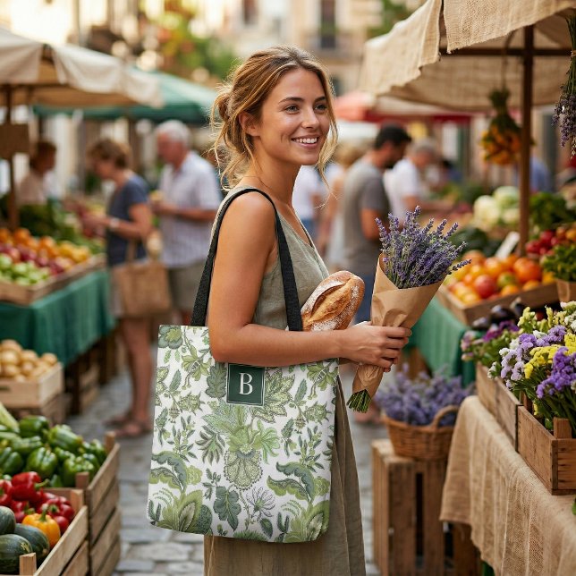 Grön Boho Vintage Blommig Monogram Tygkasse (Skapare uppladdad)